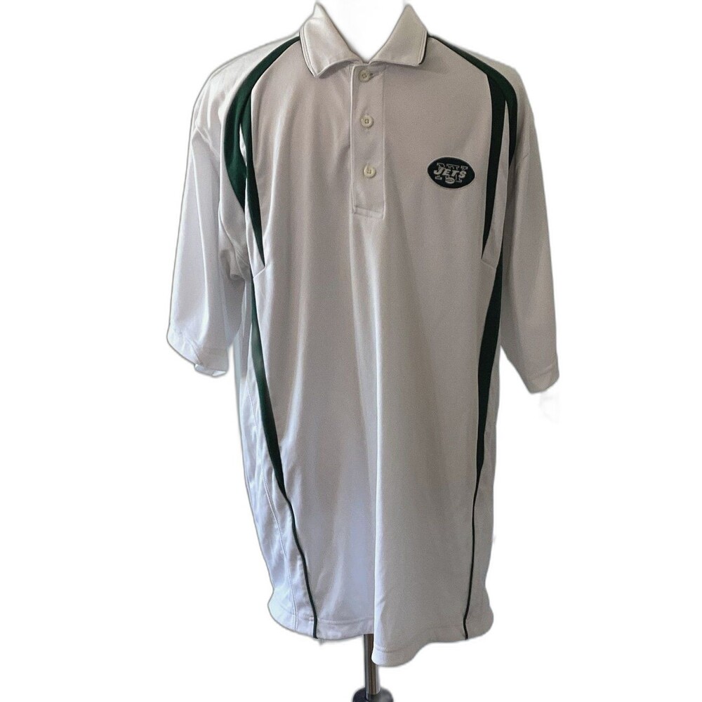 NFL Polo Shirt Men's Size M White Green NY Jets 100% Polyester Team Apparel